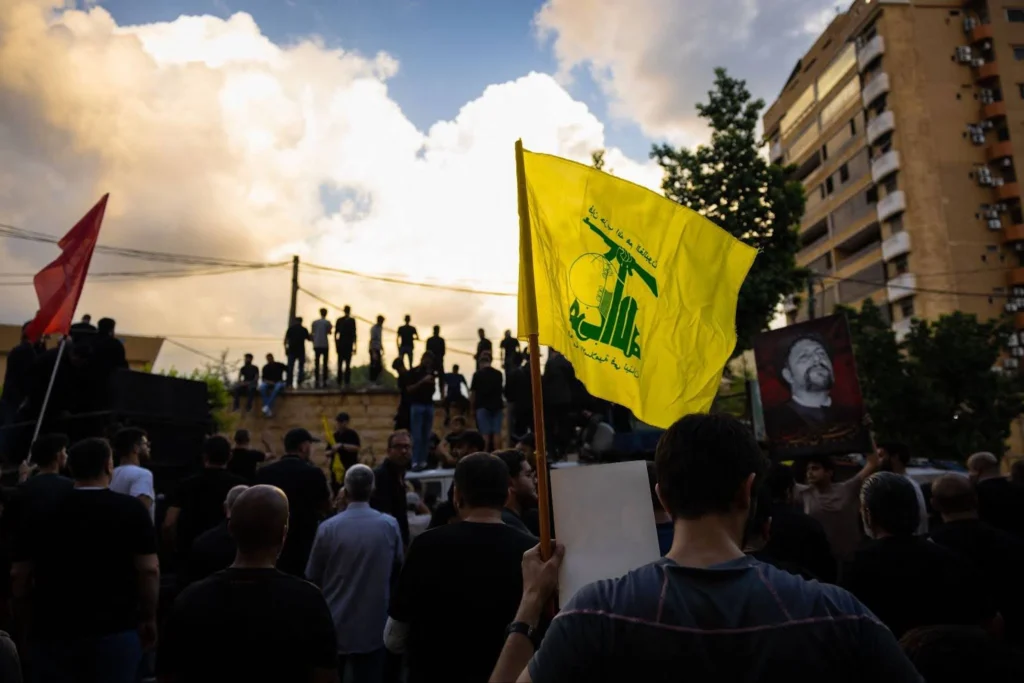 Hezbollah supporters at the funeral of Hezbollah commanders in Beirut, Lebanon; Oliver Marsden